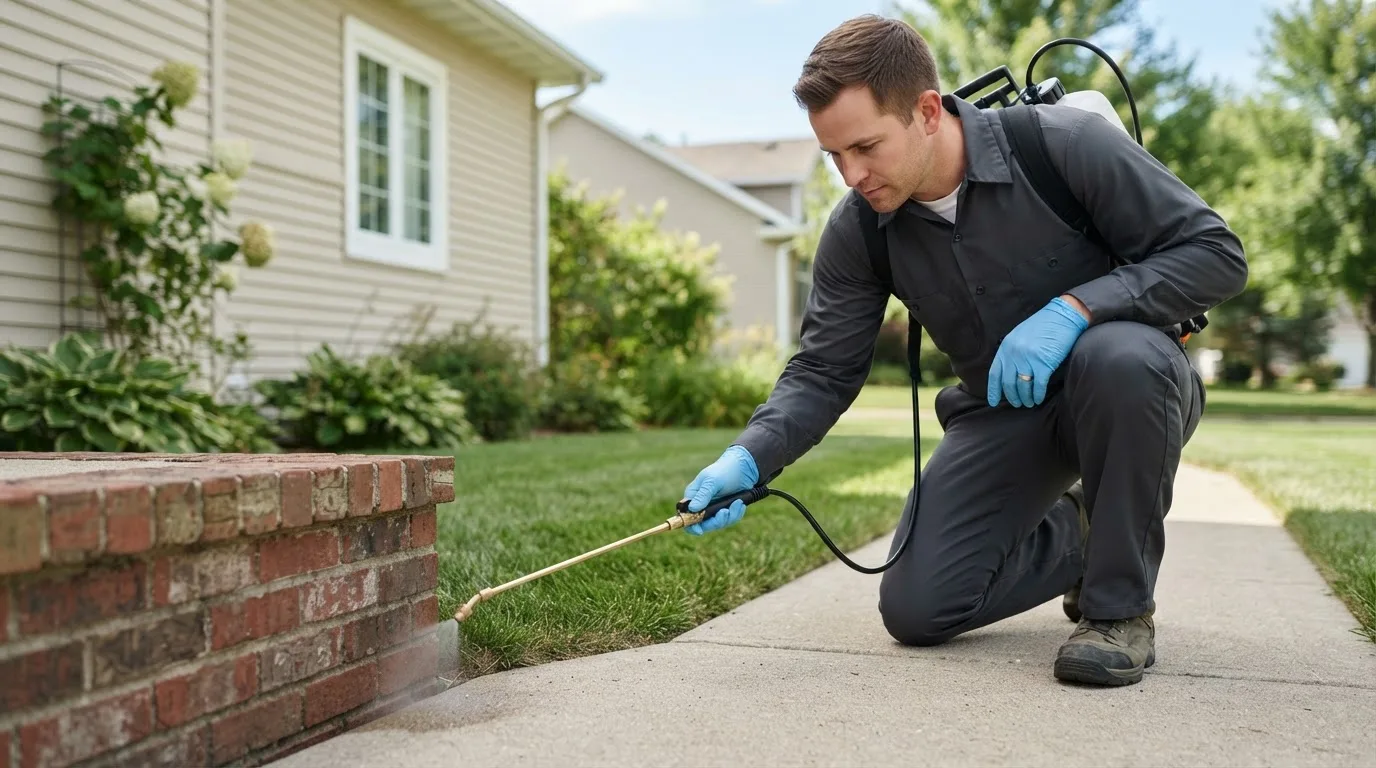 Pest control technician treating a home near Hastings, MN